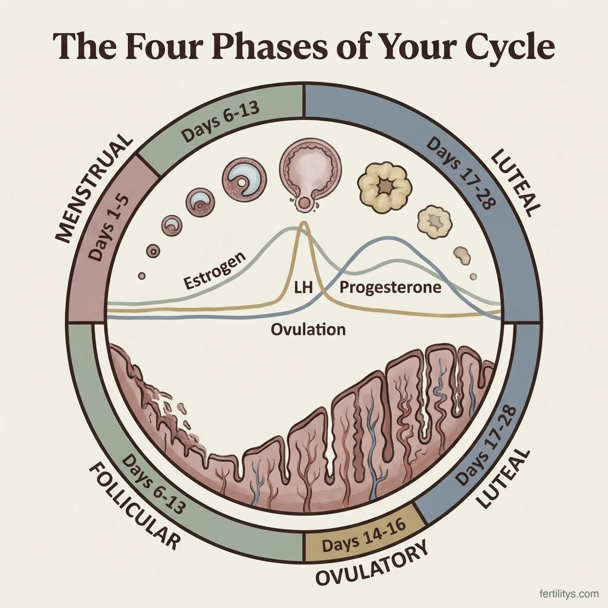 Illustration showing the four phases of the menstrual cycle with hormone fluctuations across a 28-day period