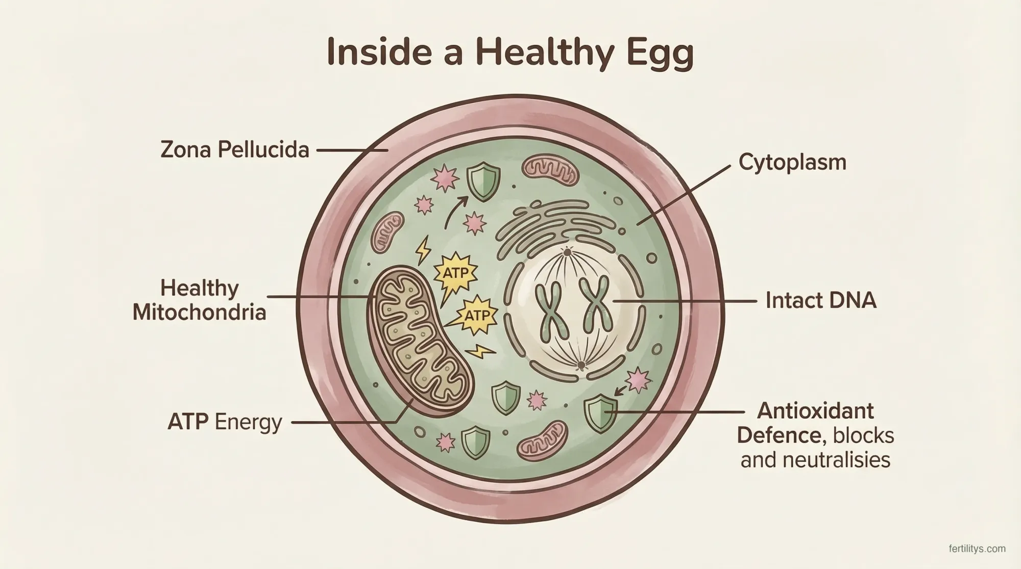 Diagram showing egg cell mitochondria and cellular energy production — the key to understanding egg quality