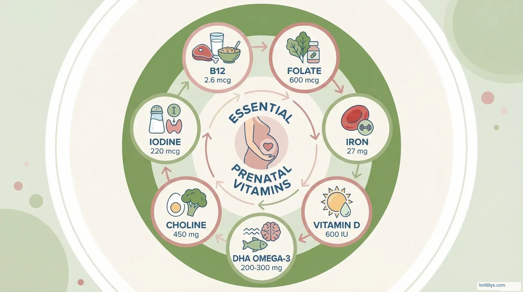 Essential prenatal vitamin nutrients diagram showing folate, iron, vitamin D, DHA, choline, iodine, and B12 with recommended doses