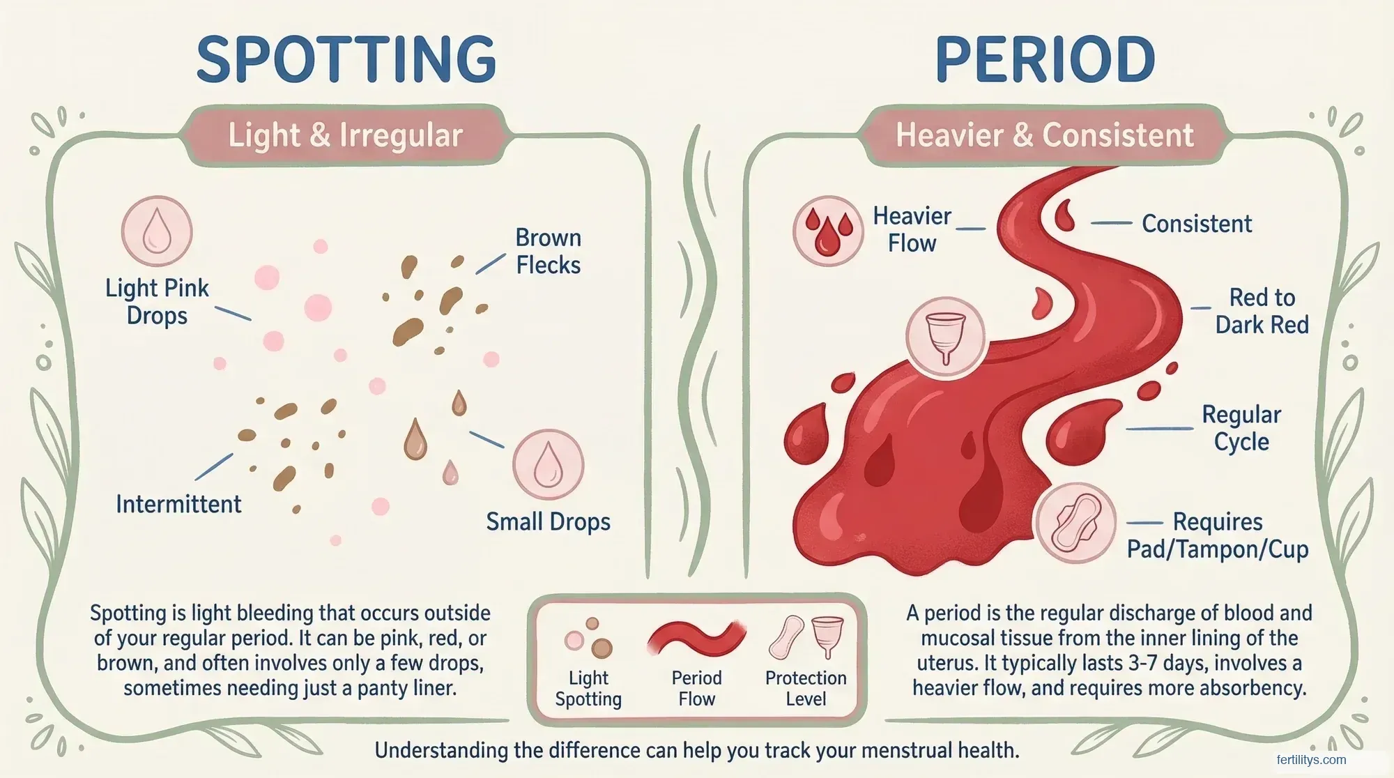 Infographic comparing spotting and period bleeding — colour, flow, duration, and protection differences
