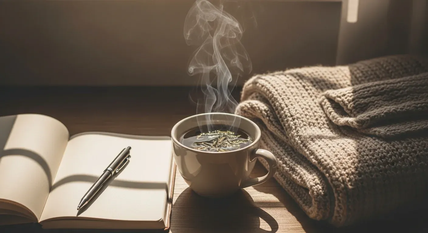 Warm cup of herbal tea, journal, and knit blanket on a wooden surface — self-care after early pregnancy loss