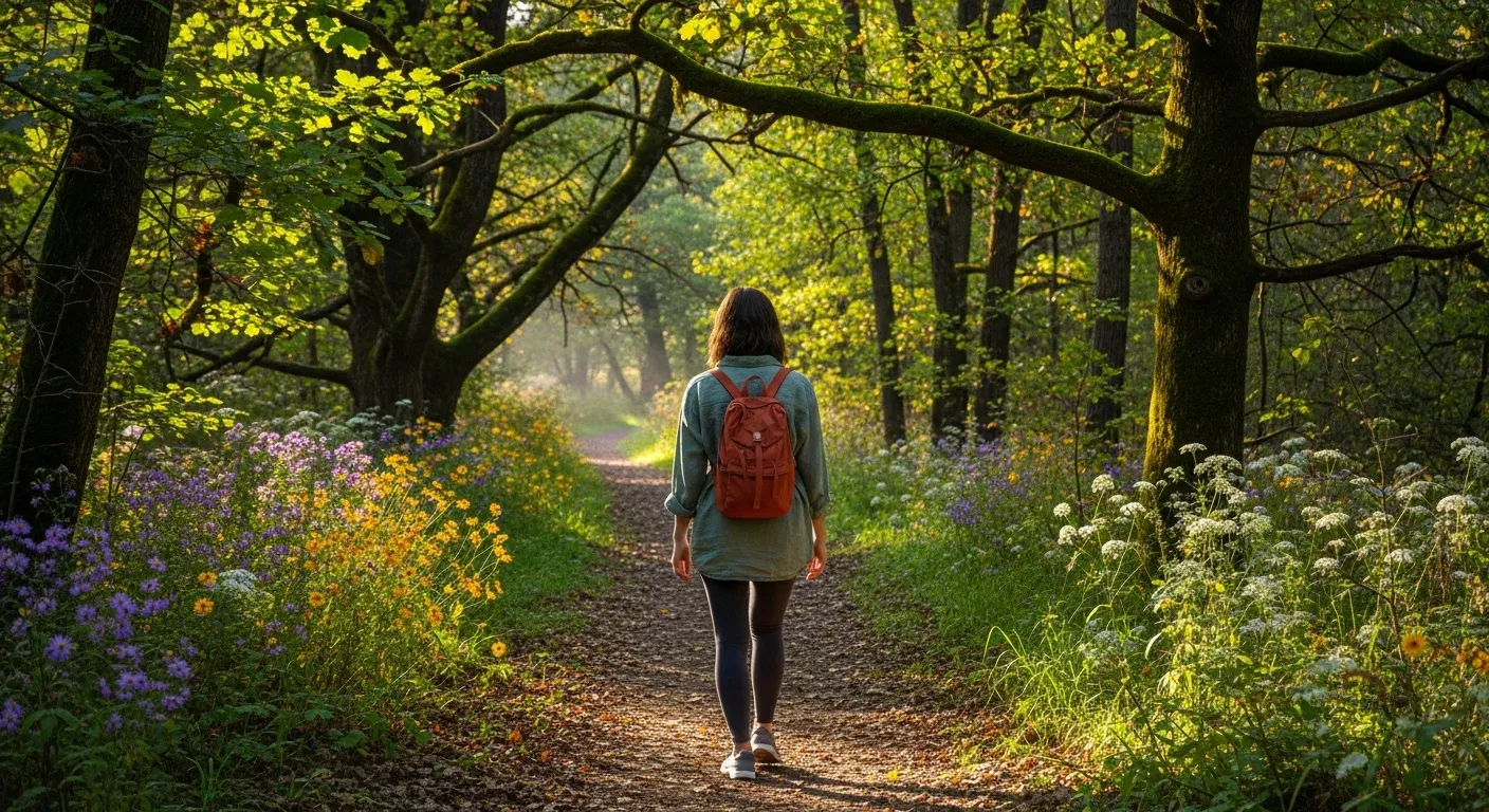 Woman walking alone on a peaceful nature path in morning light, symbolising hope and healing after pregnancy loss