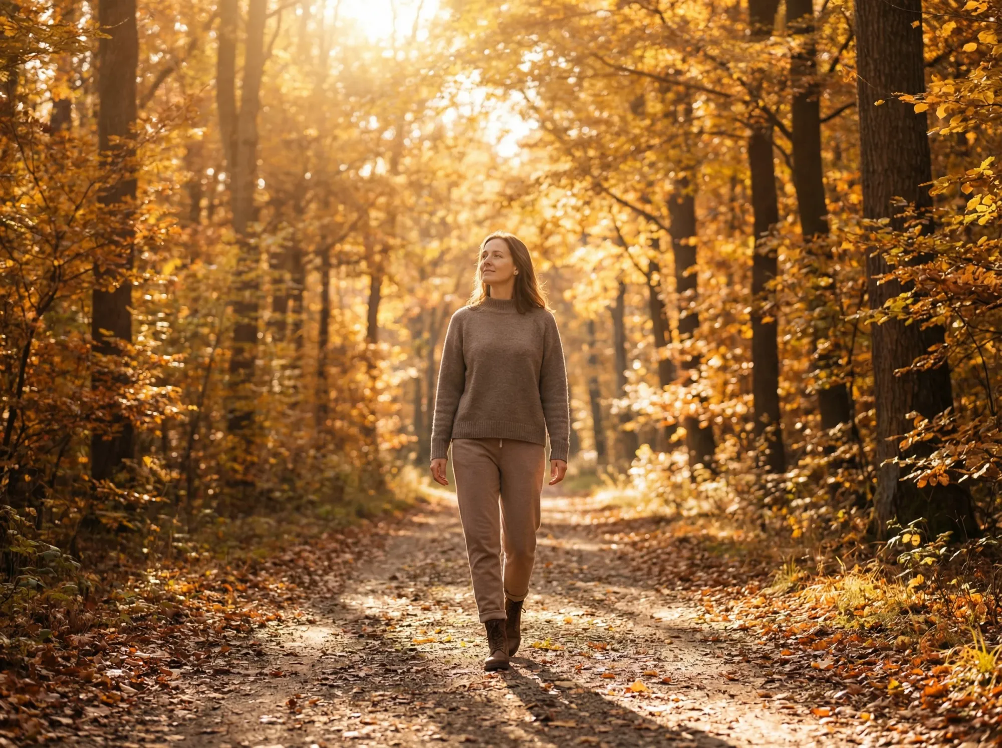 Woman walking mindfully through autumn trees in golden morning light