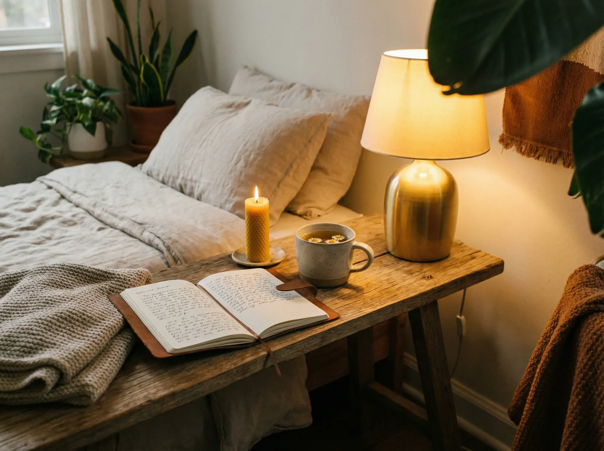 Candlelit journal and chamomile tea — evening ritual for hormonal balance