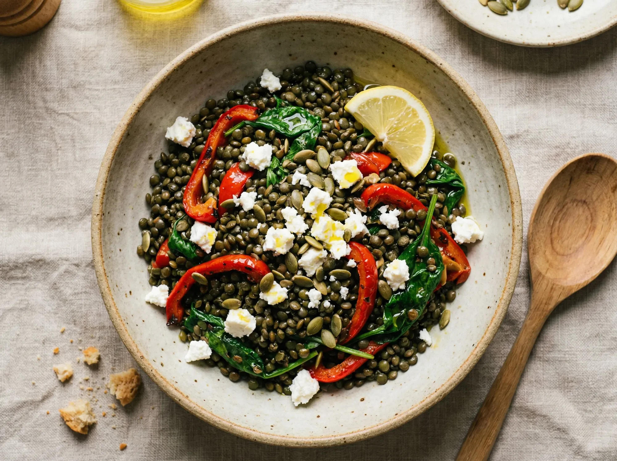 Puy lentil bowl with roasted red peppers, spinach, and feta