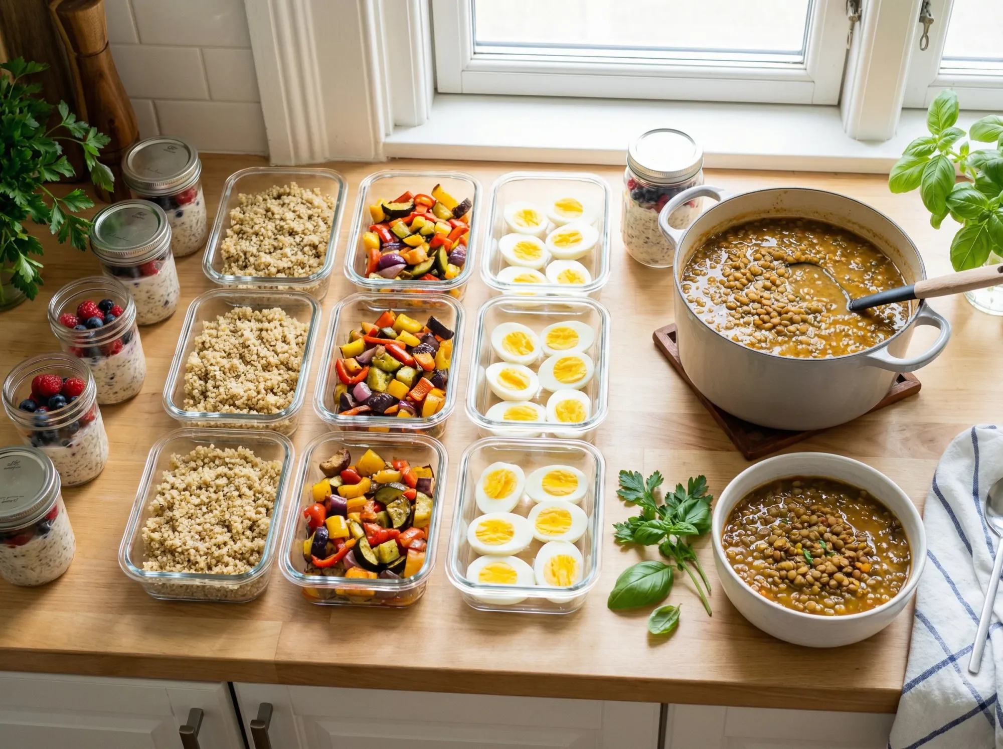 Glass containers of prepped quinoa, roasted vegetables, and overnight oats for the week