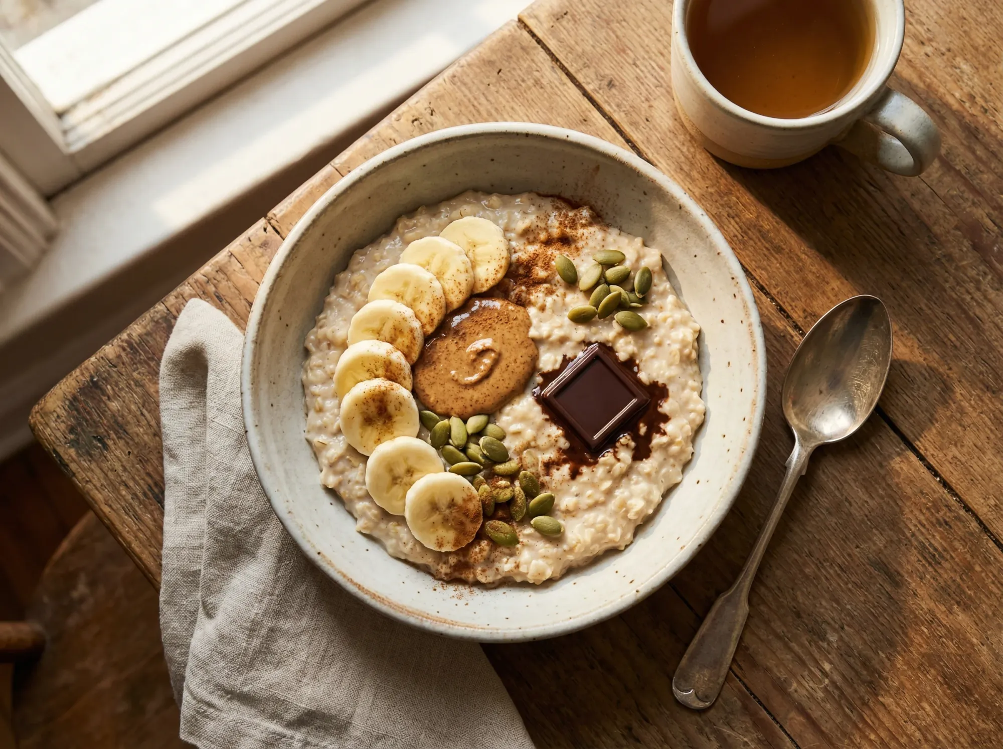 Warm porridge bowl with banana, almond butter, and dark chocolate