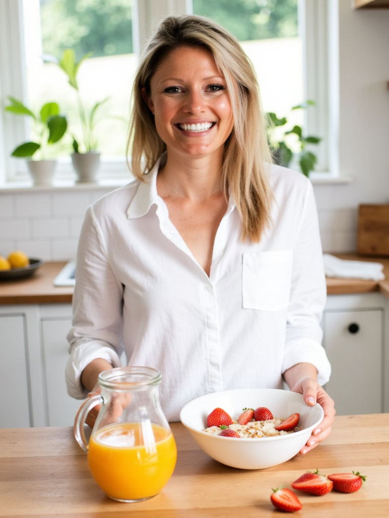 Danielle with fresh orange juice and porridge topped with strawberries