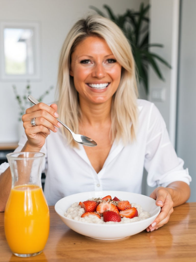 Danielle enjoying a nutritious breakfast of porridge with fresh fruit and orange juice