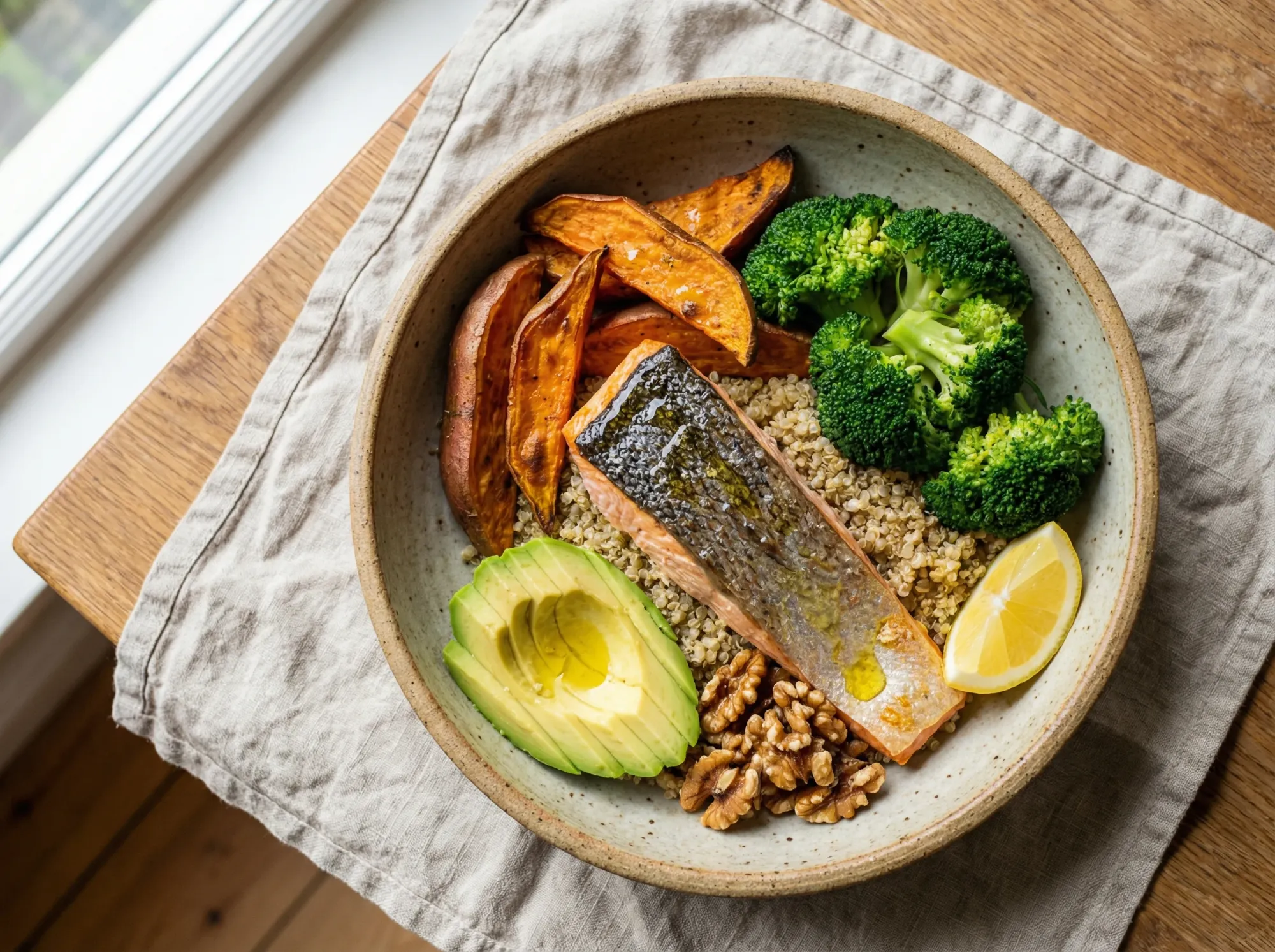 Baked salmon power bowl with quinoa, avocado, and roasted sweet potato