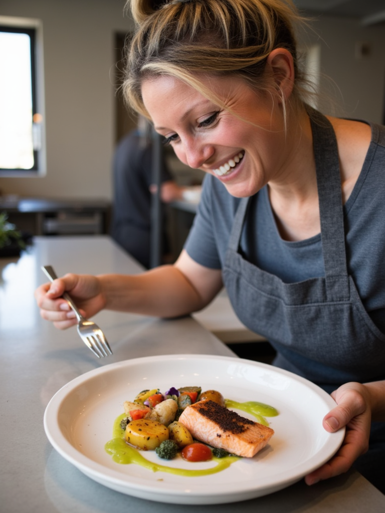 Danielle plating a salmon dish with roasted Mediterranean vegetables