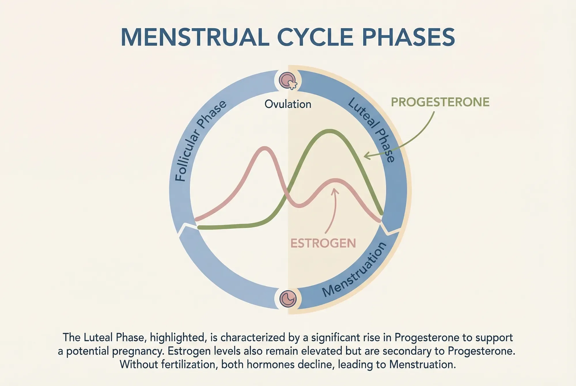 Diagram showing the menstrual cycle phases with hormone levels during the luteal phase