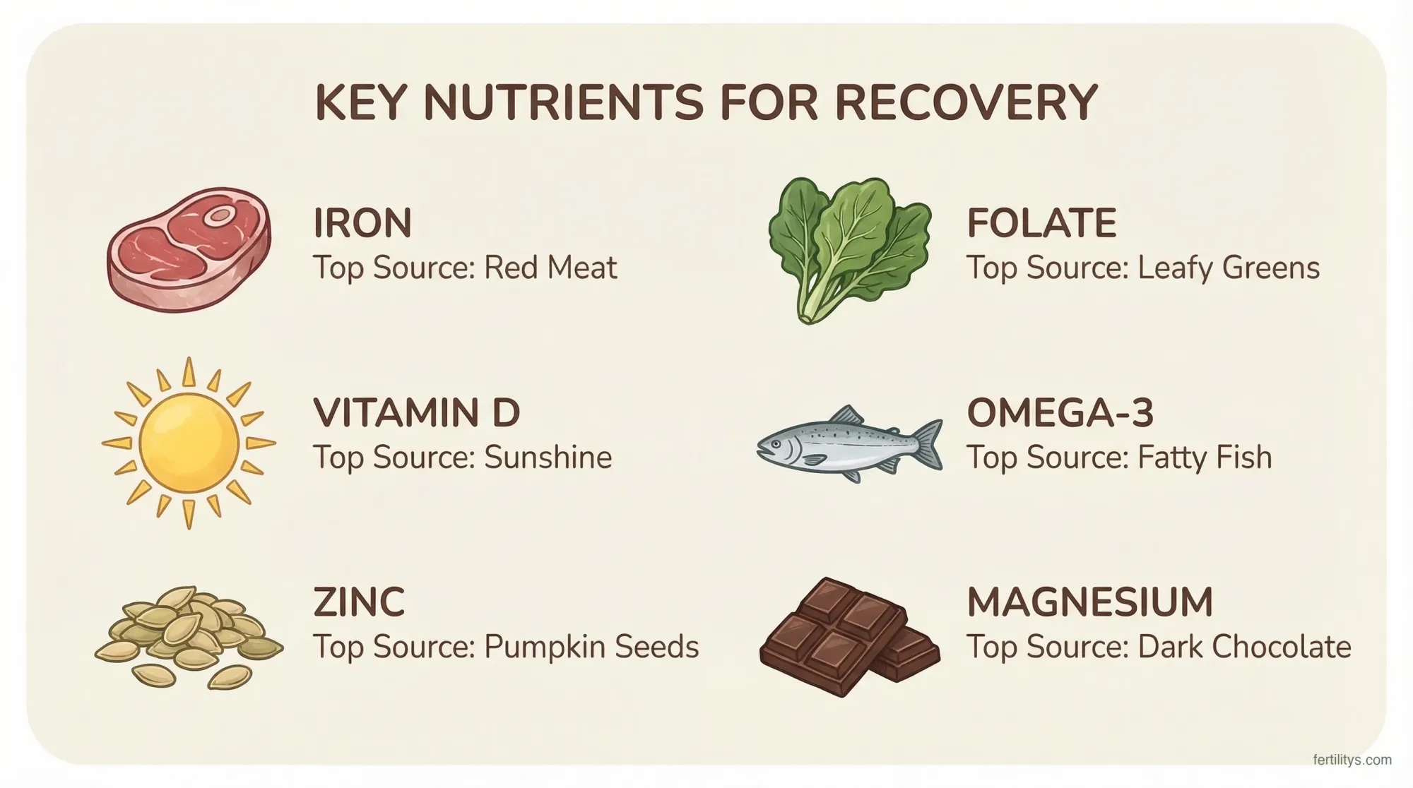 Key nutrients for recovery after pregnancy loss — iron, folate, vitamin D, omega-3, zinc, and magnesium with their best food sources