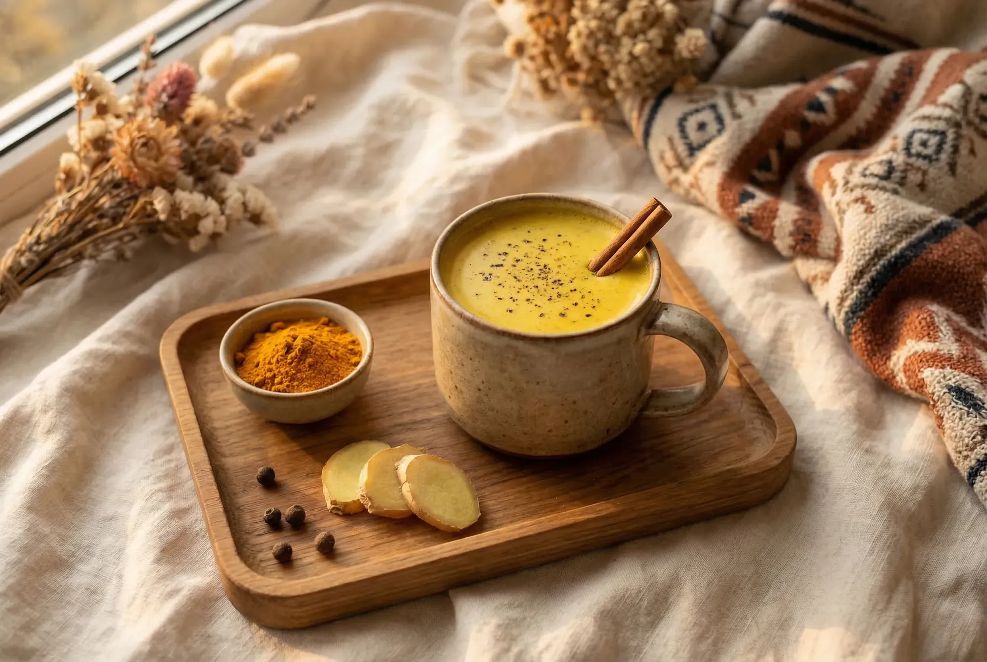 Golden turmeric latte in a handmade ceramic mug with cinnamon and ginger