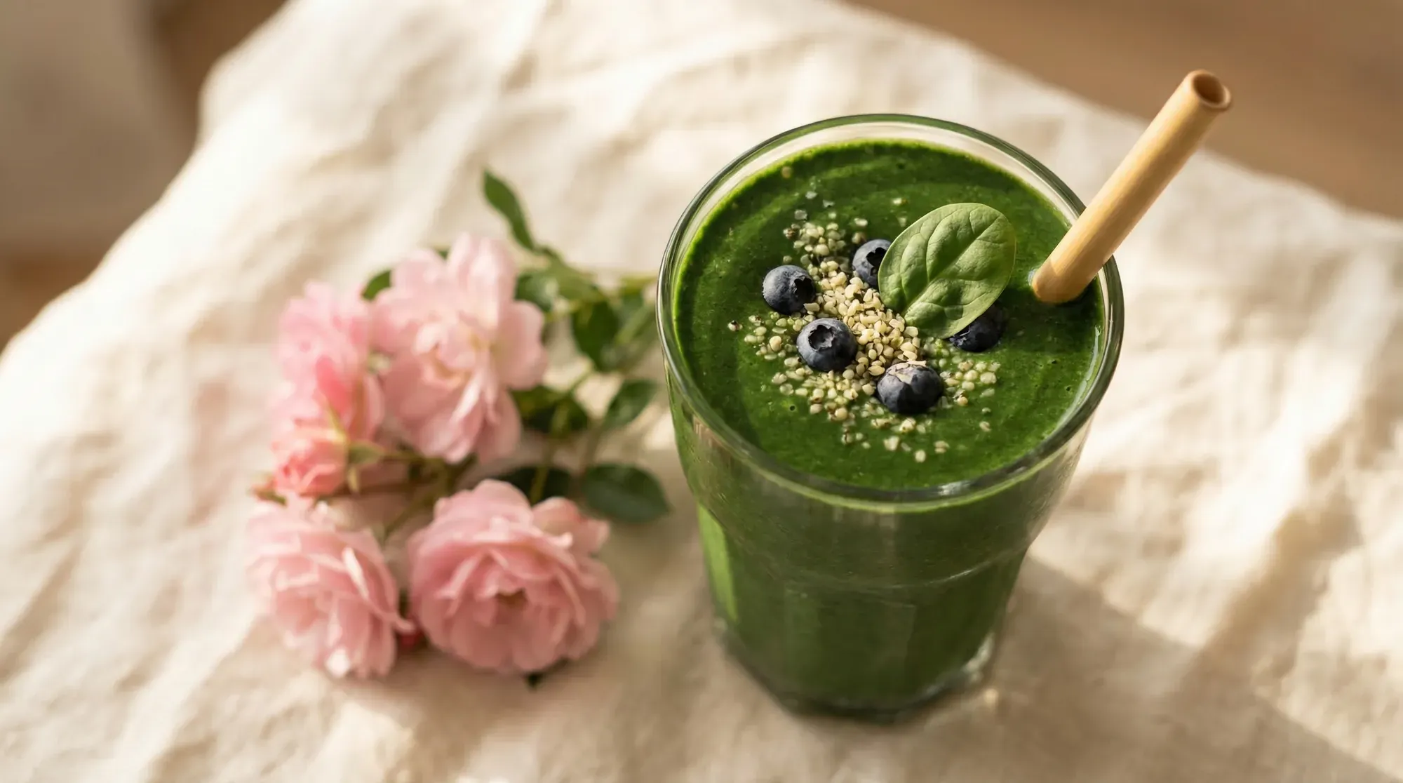 Green fertility smoothie with blueberries and hemp seeds