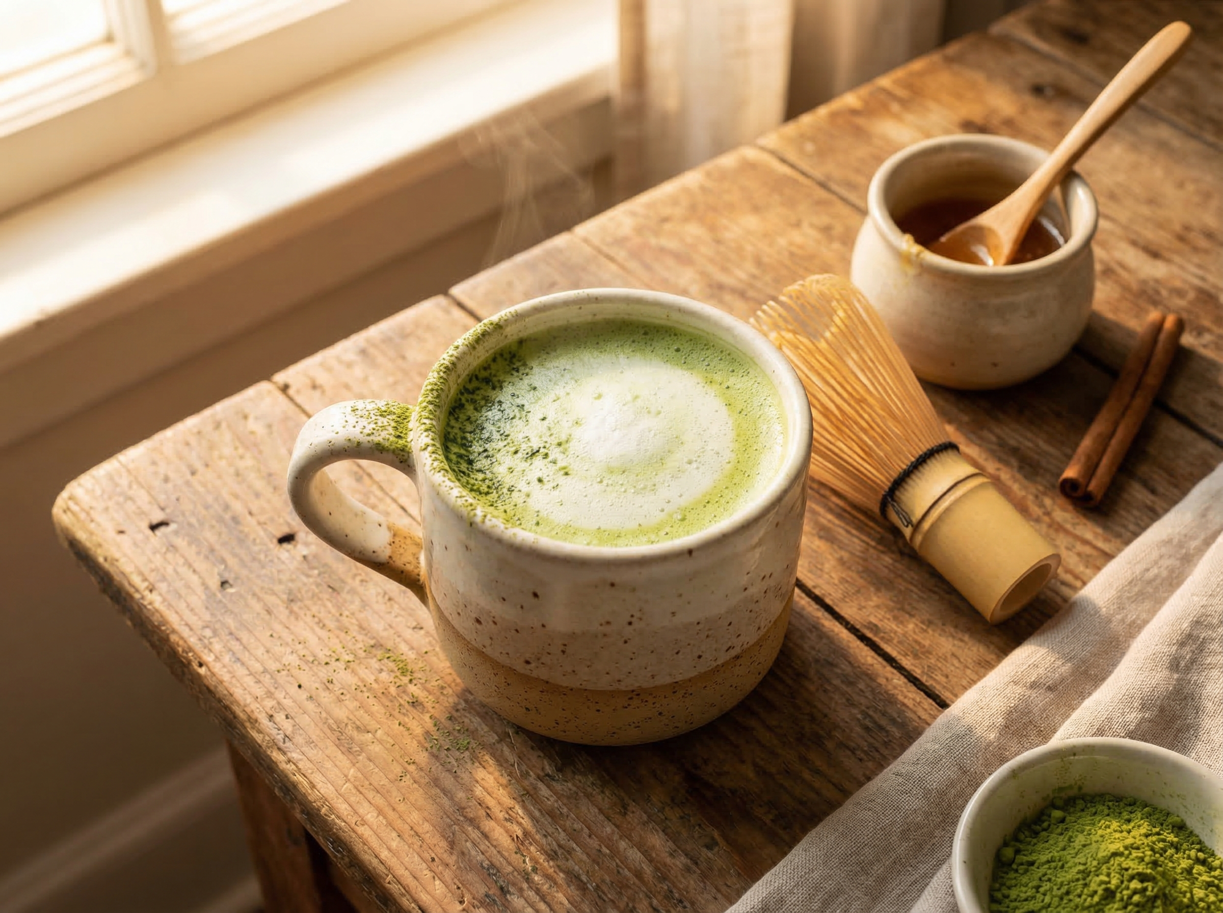 Warm antioxidant matcha latte with ceremonial grade matcha and oat milk, photographed from above in a handmade ceramic cup