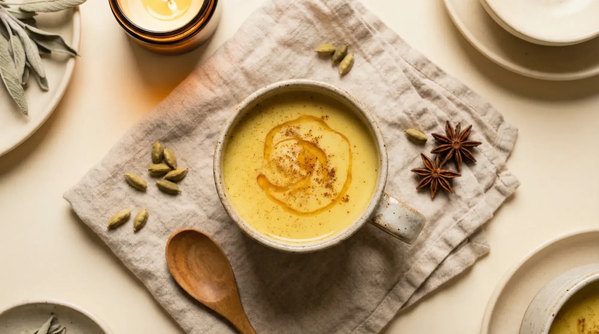 Shatavari milk tonic in a ceramic mug with cardamom pods — a traditional Ayurvedic fertility tonic