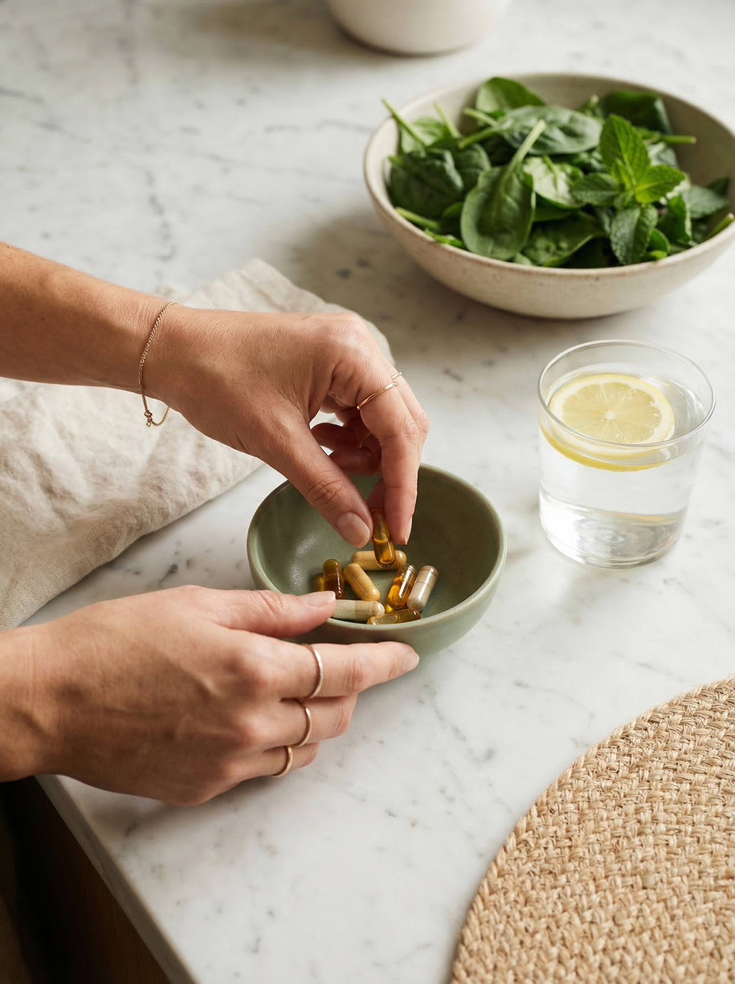 Daily fertility supplement routine with capsules and vitamins arranged on marble surface