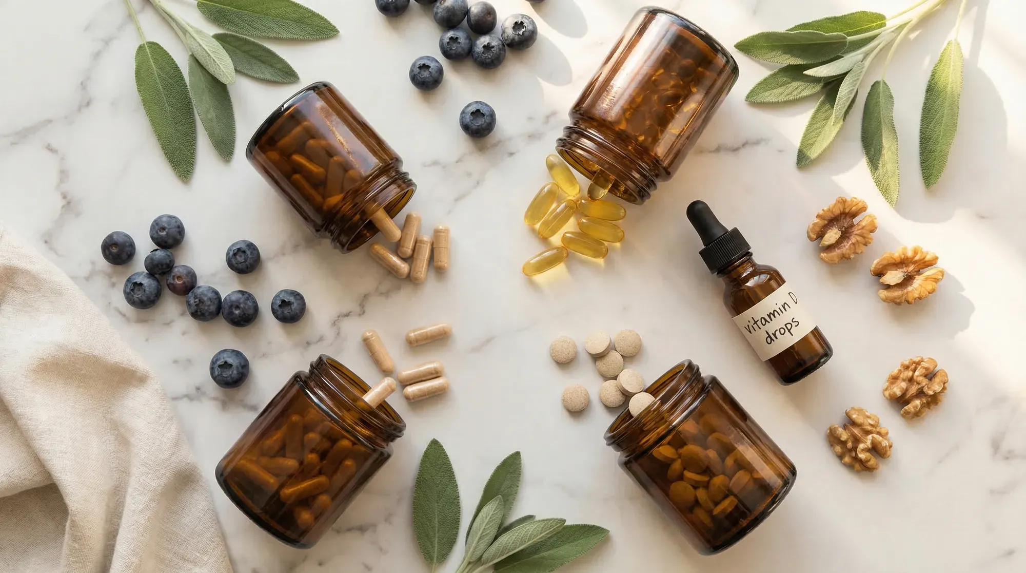 Flat-lay of fertility supplements including CoQ10, vitamin D, omega-3, and folate alongside fresh blueberries and walnuts