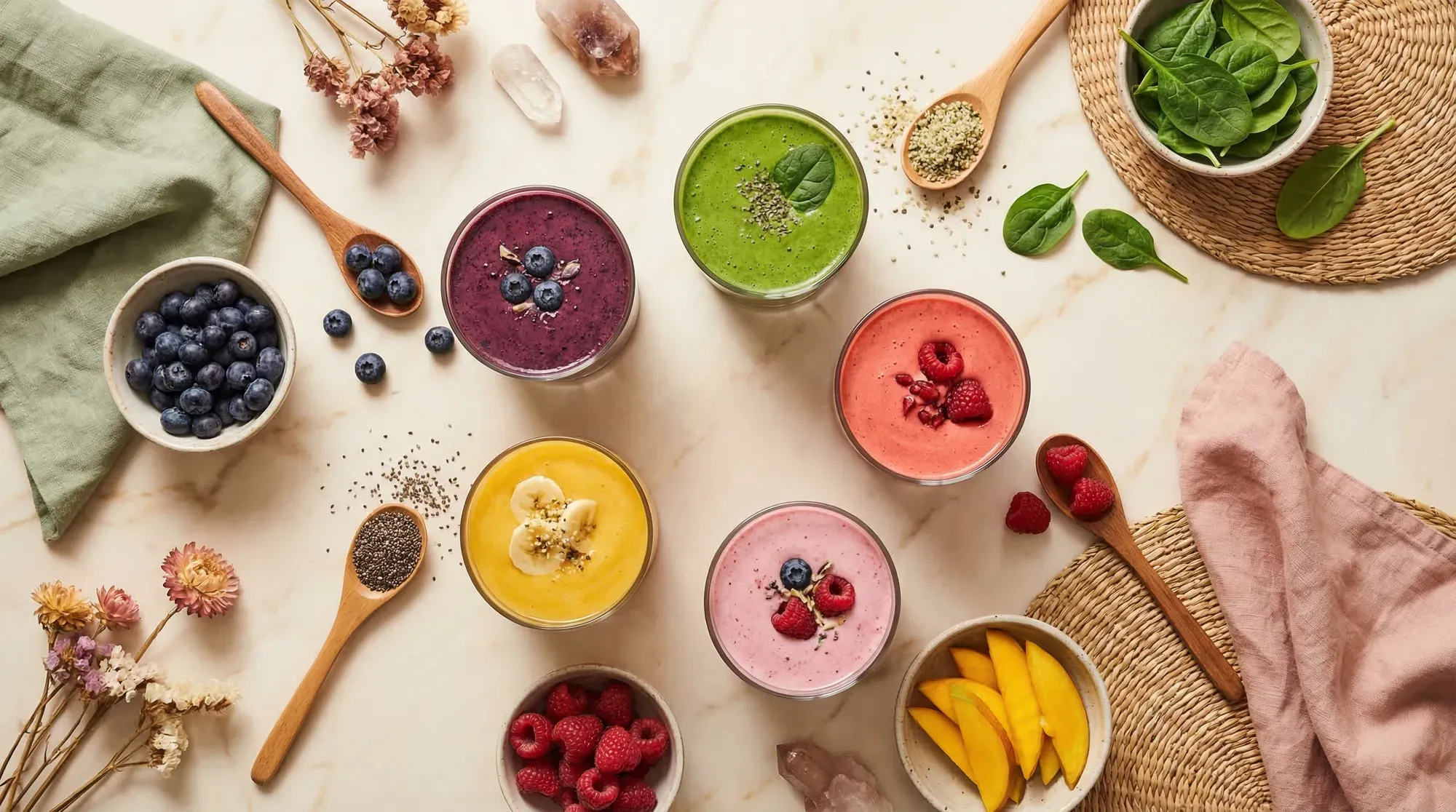 Fertility smoothie ingredients flat-lay showing berries, spinach, avocado, seeds, and nuts on a cream background