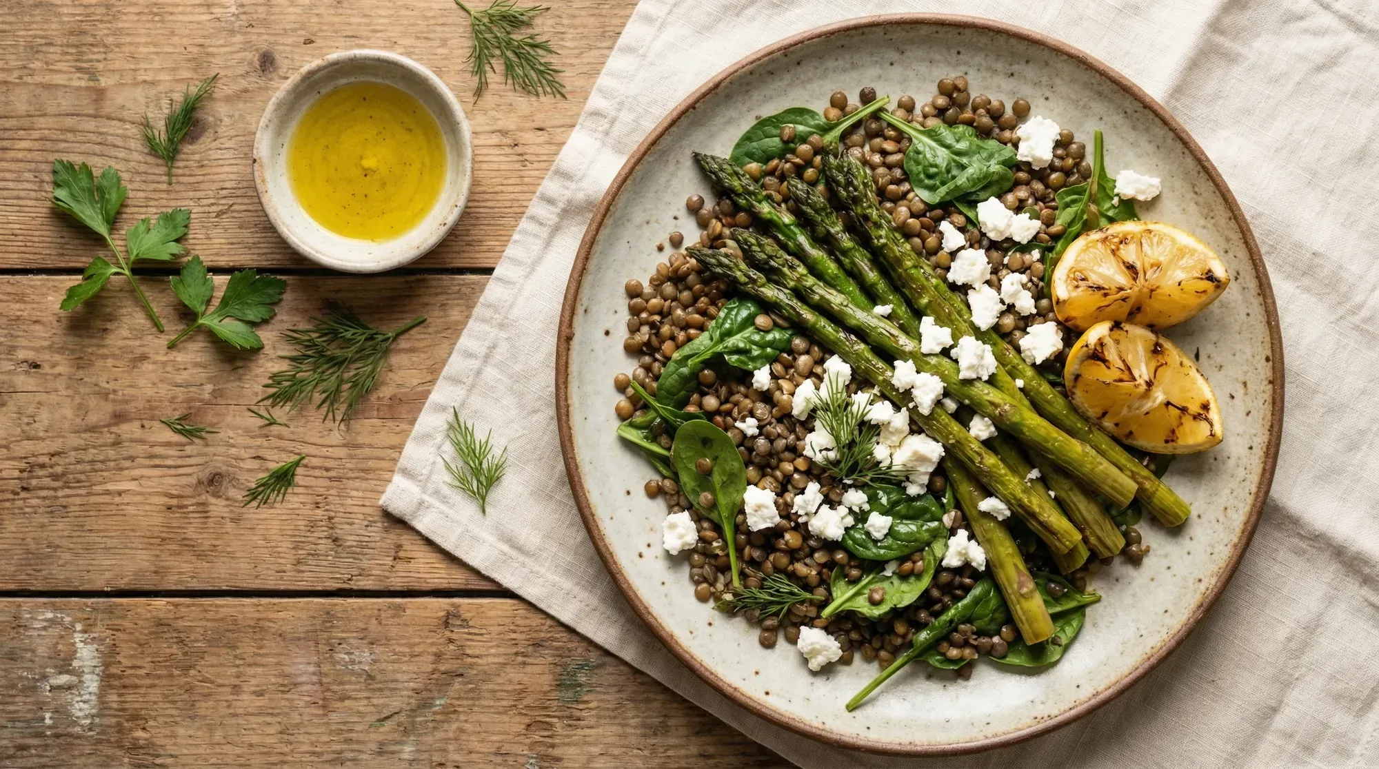 Warm lentil and spinach salad with roasted asparagus and lemon dressing on a cream plate