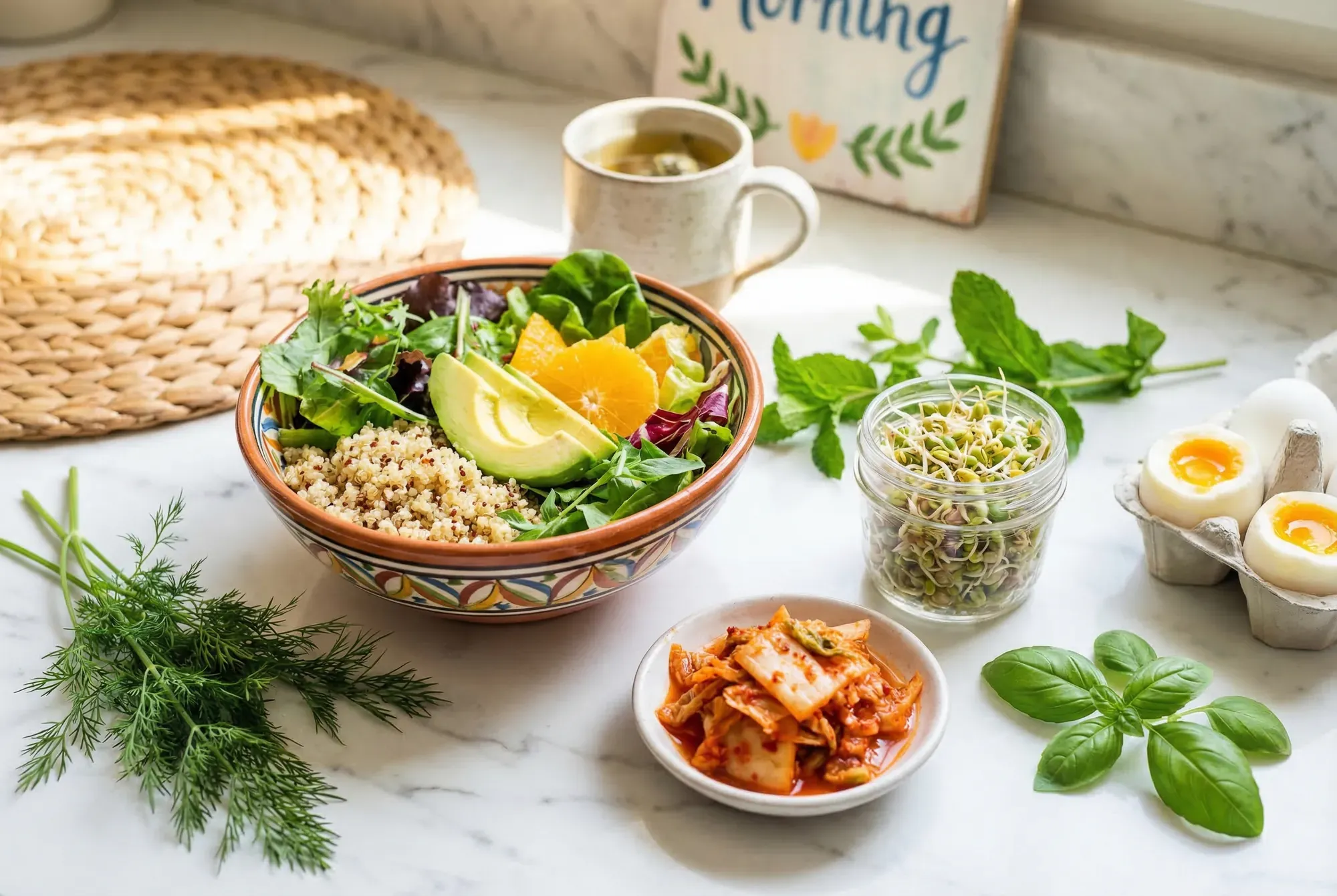 Vibrant follicular phase foods including quinoa bowl, eggs, fermented kimchi, and fresh citrus
