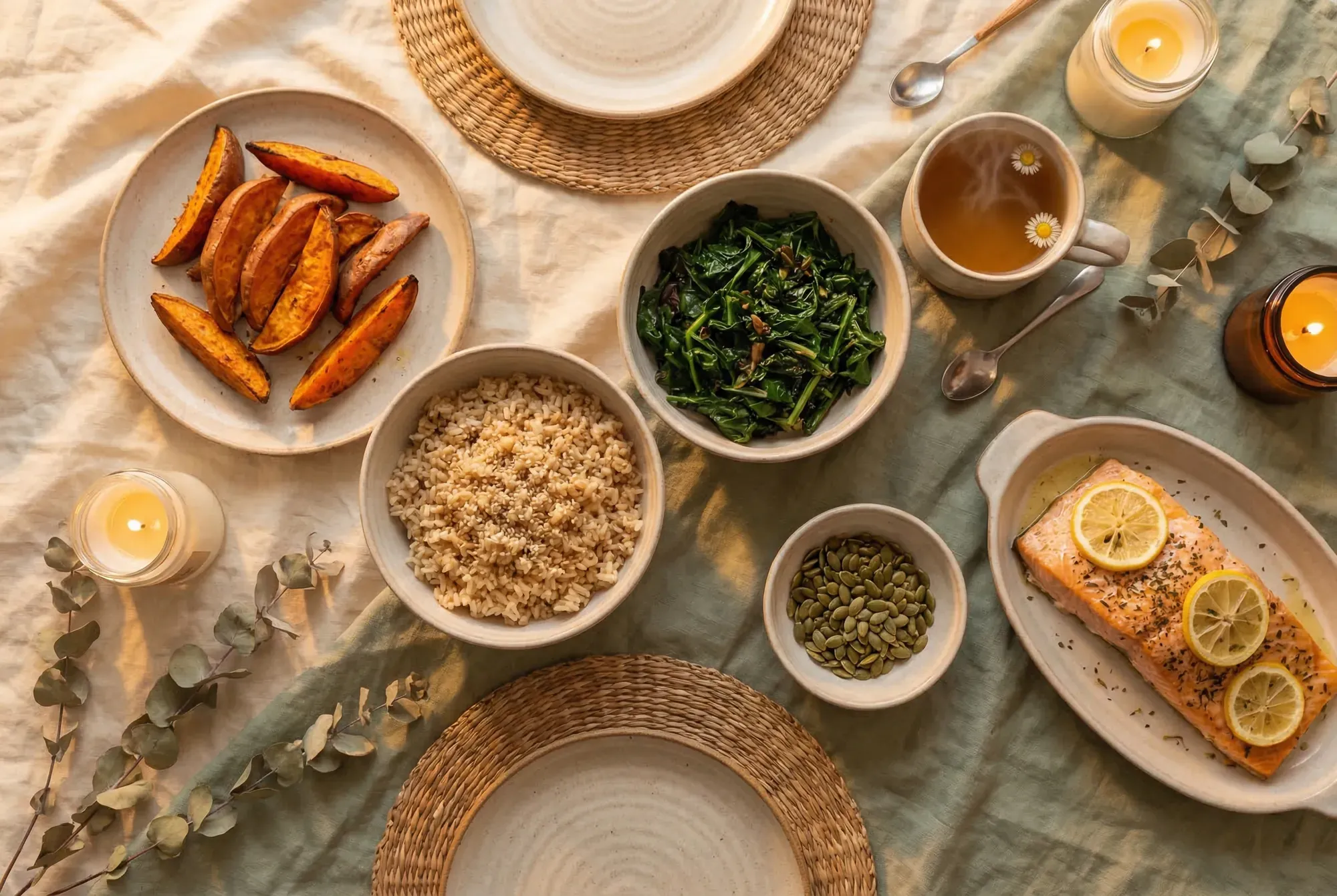 Nourishing luteal phase dinner with baked salmon, sweet potato, leafy greens, and chamomile tea