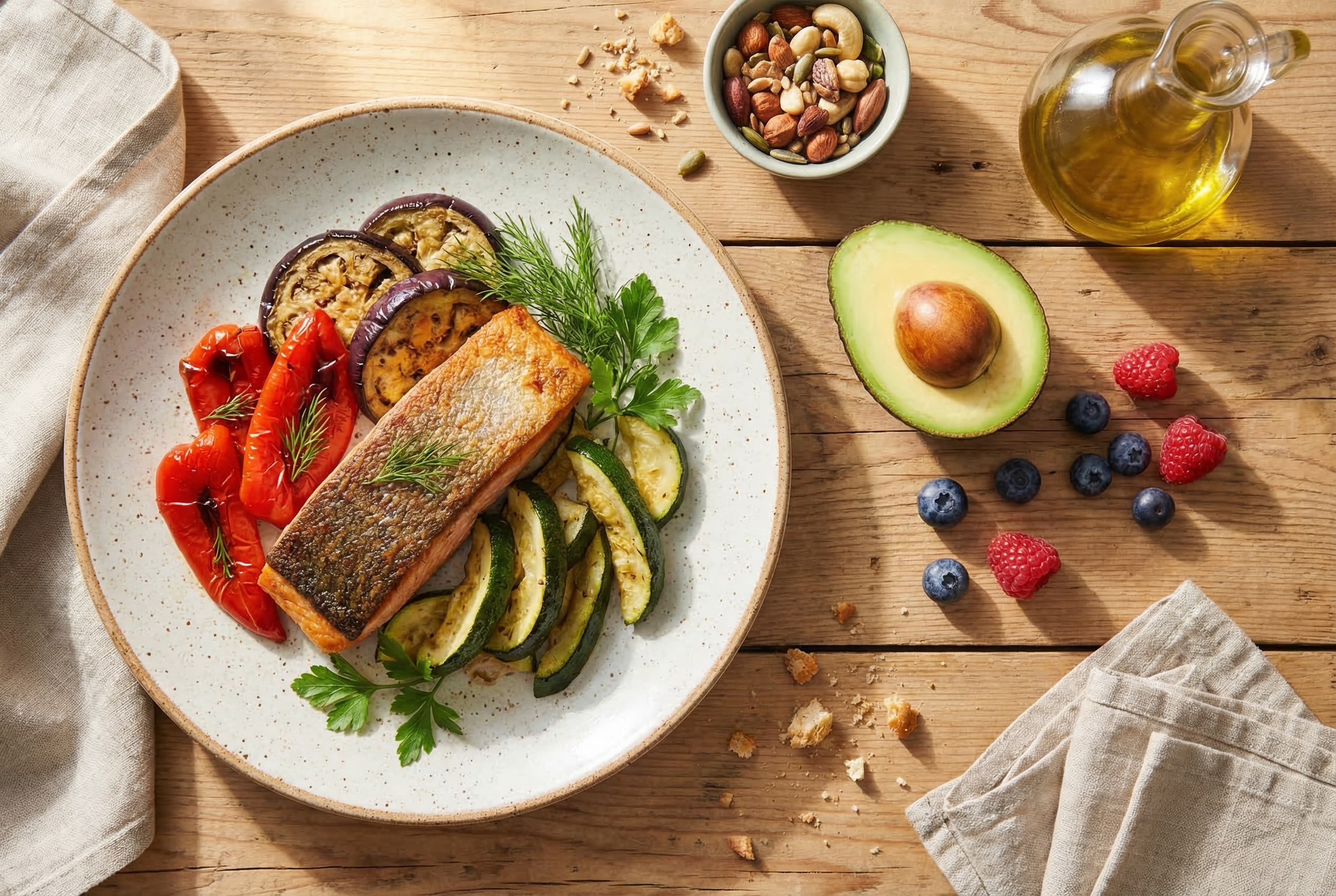 Overhead photograph of a Mediterranean fertility meal with salmon, colourful vegetables, olive oil, nuts, and fresh herbs on a wooden table