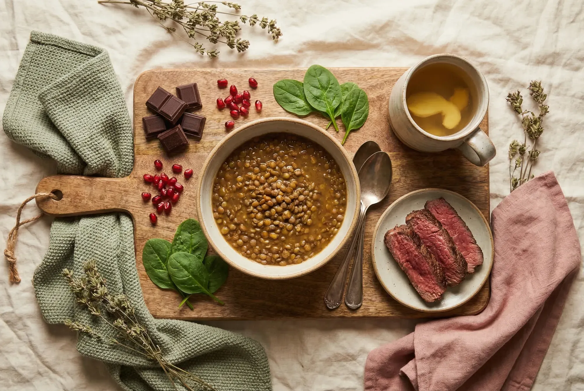 Iron-rich comfort foods for the menstrual phase including lentil soup, red meat, dark chocolate, and ginger tea