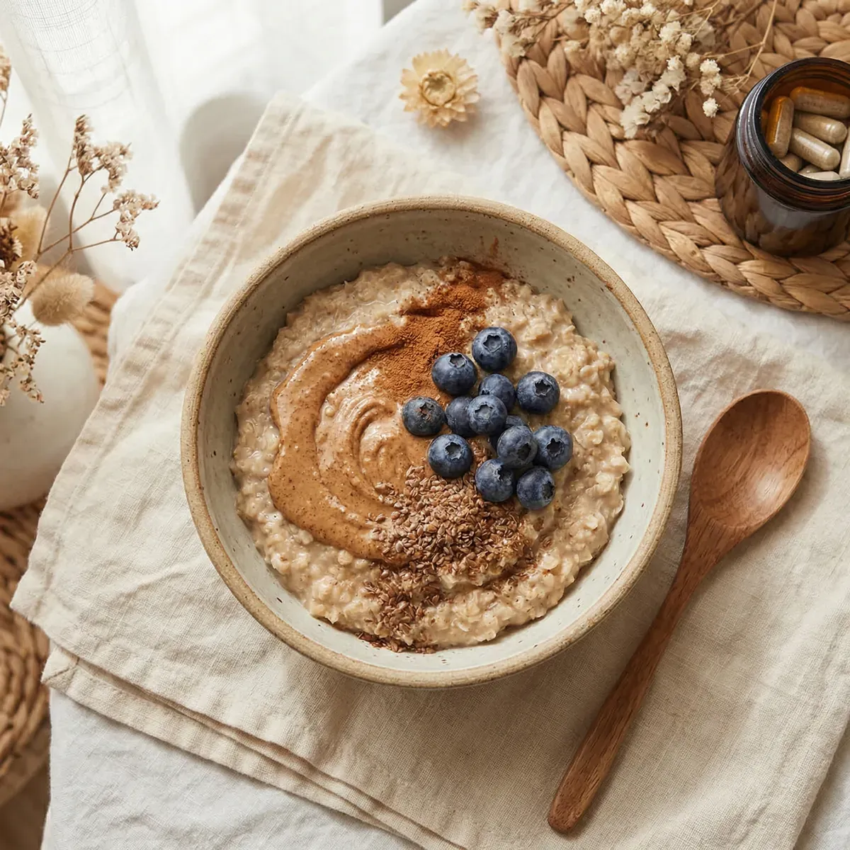 Blood-sugar-balancing PCOS breakfast bowl with oats, almond butter, blueberries, and cinnamon