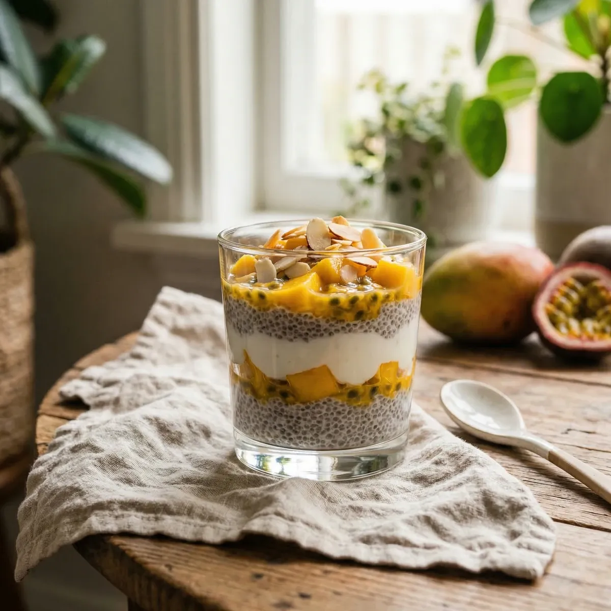 Chia seed pudding parfait with mango and passion fruit