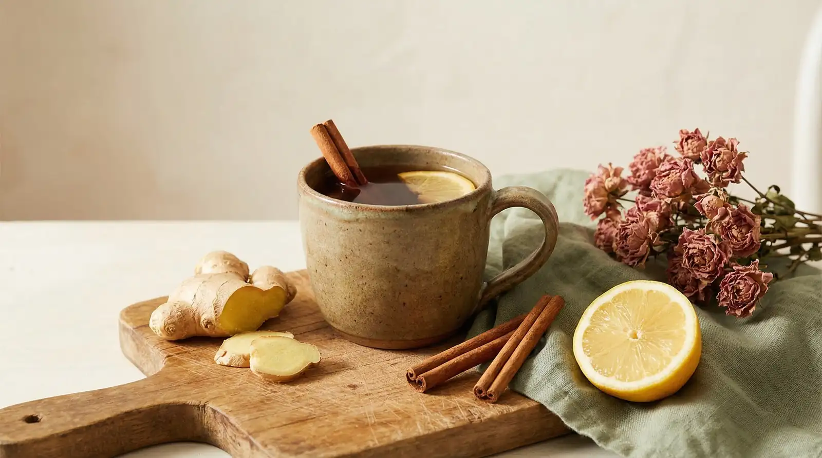 Cinnamon and ginger hormone-balancing tea in a ceramic mug