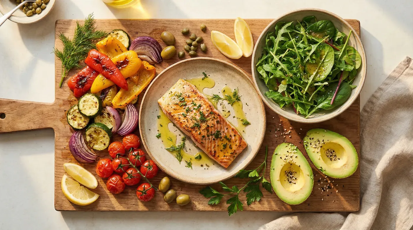Mediterranean anti-inflammatory meal with grilled salmon, roasted vegetables, avocado, and leafy greens