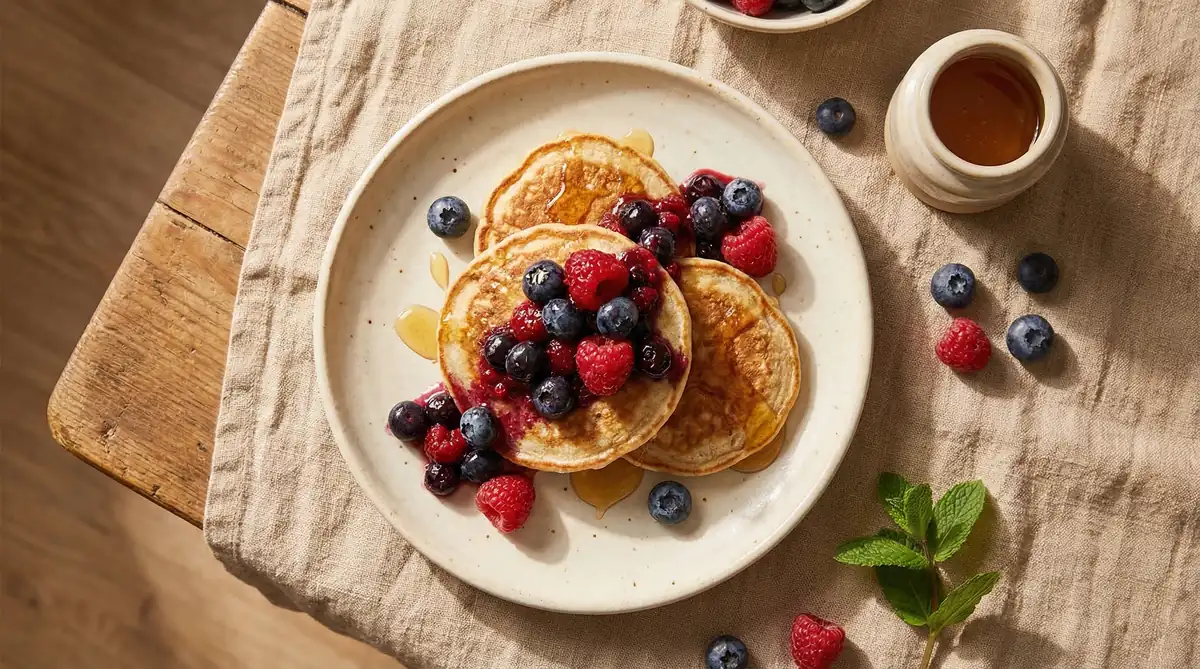 PCOS-friendly protein pancakes topped with fresh berries and honey