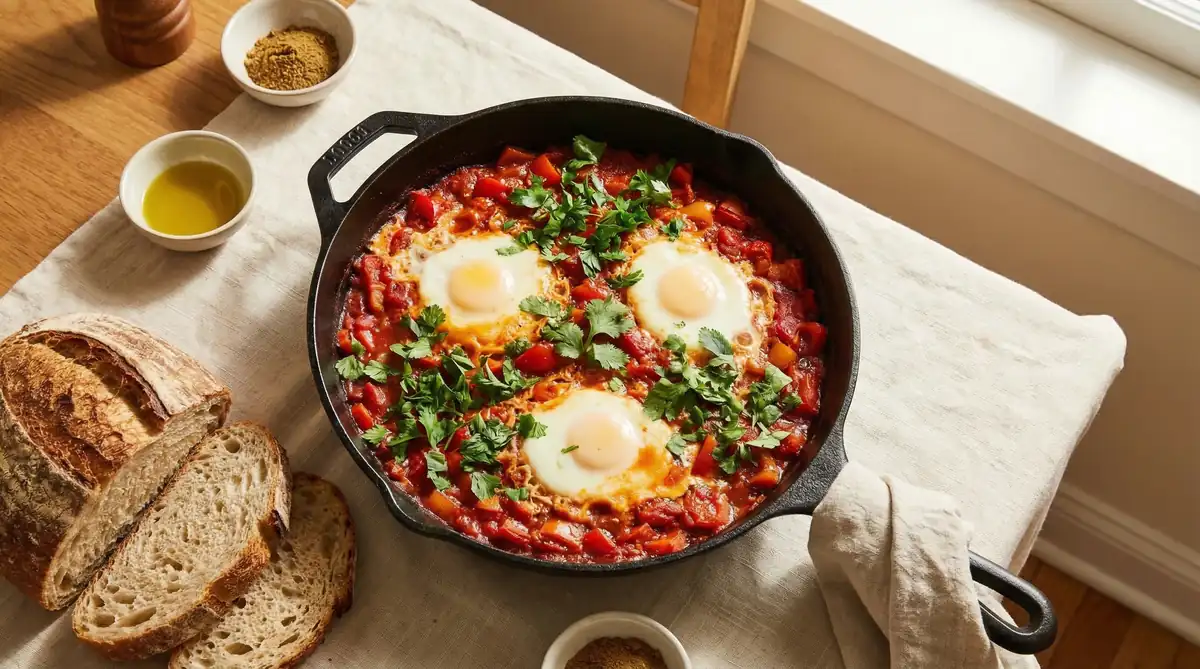 Shakshuka with eggs baked in tomato sauce served with sourdough bread