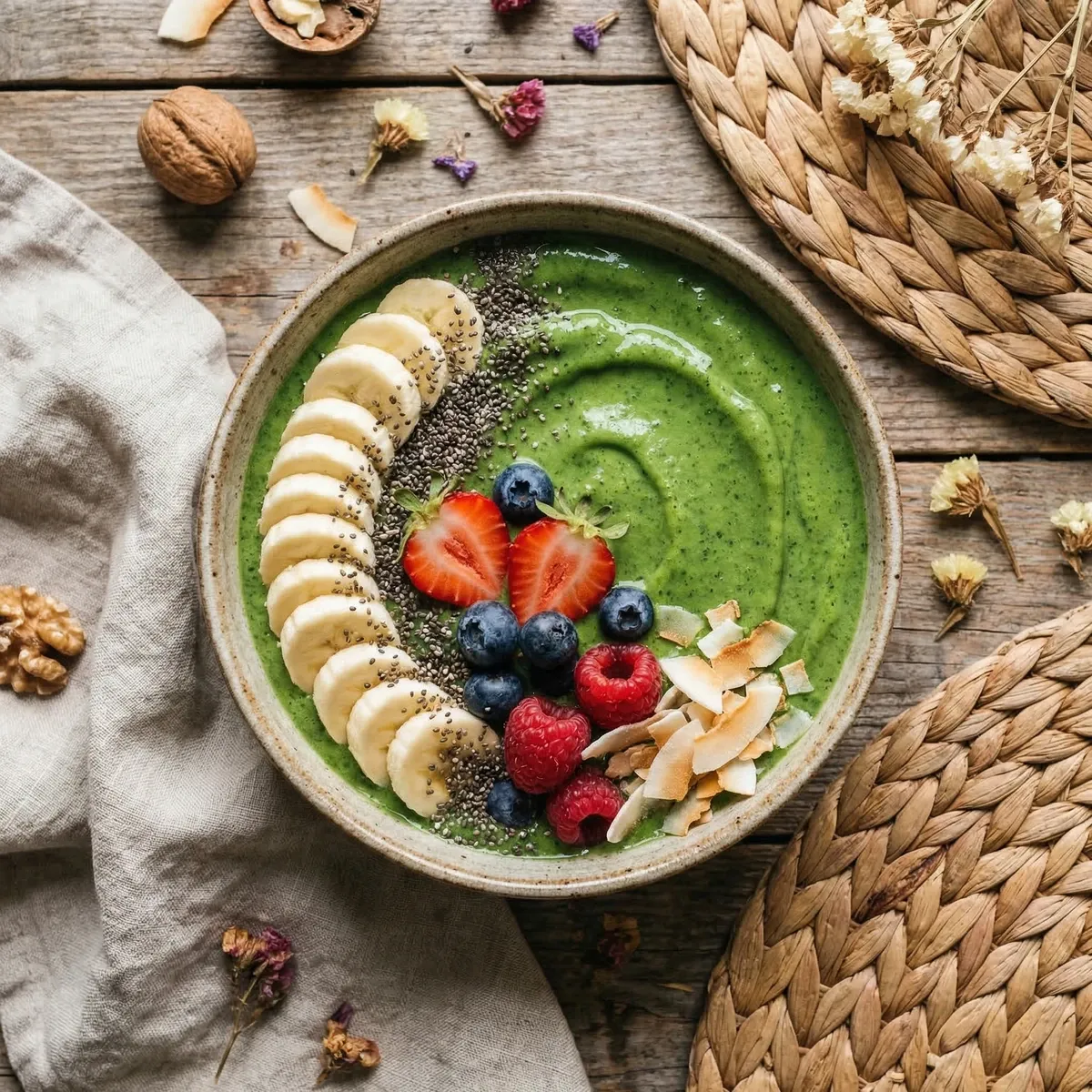 Green smoothie bowl with banana, berries and chia seeds