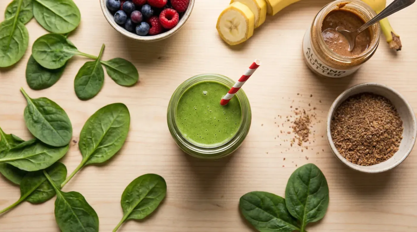 Fertility-boosting green smoothie with spinach, banana, and berries