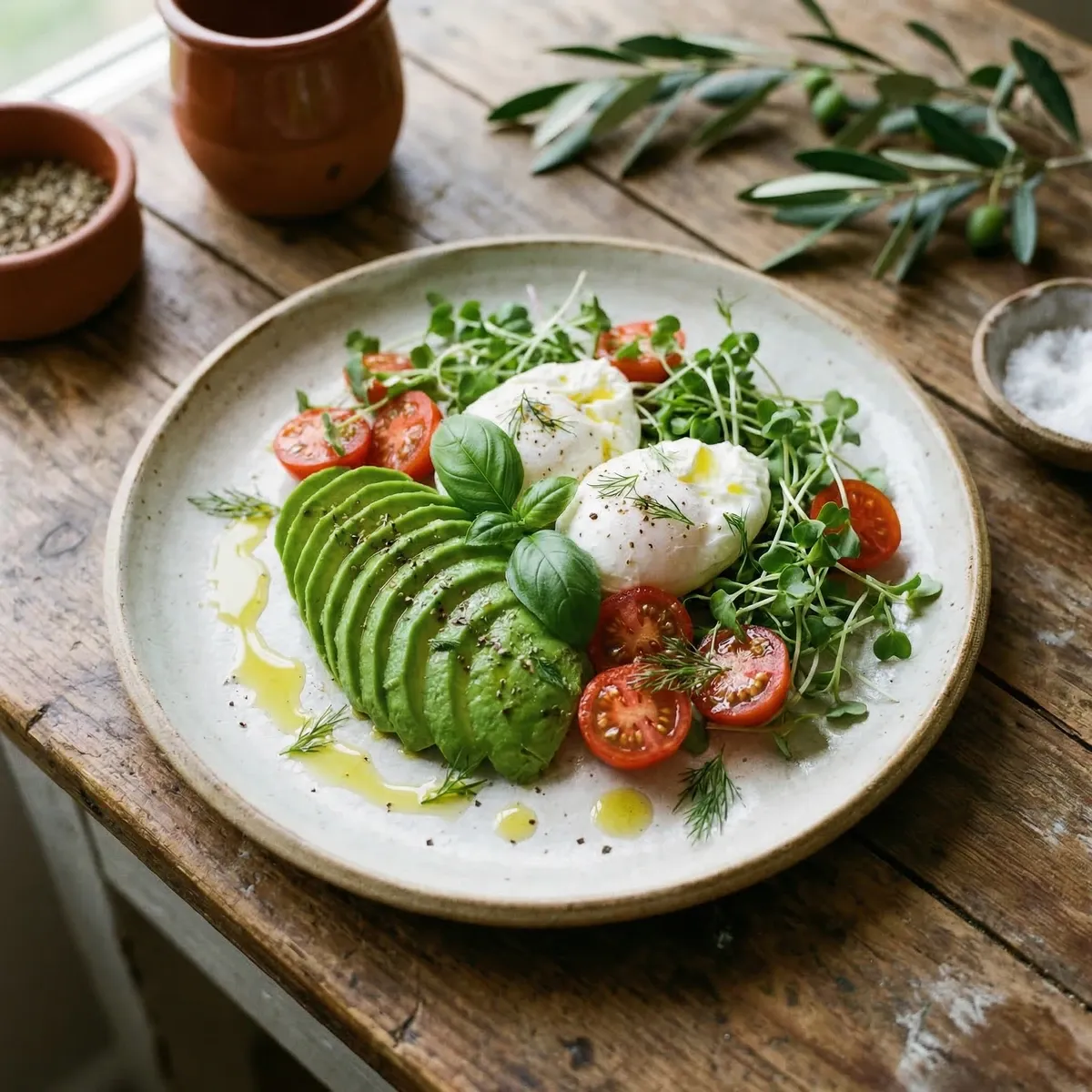 Avocado with poached eggs and microgreens