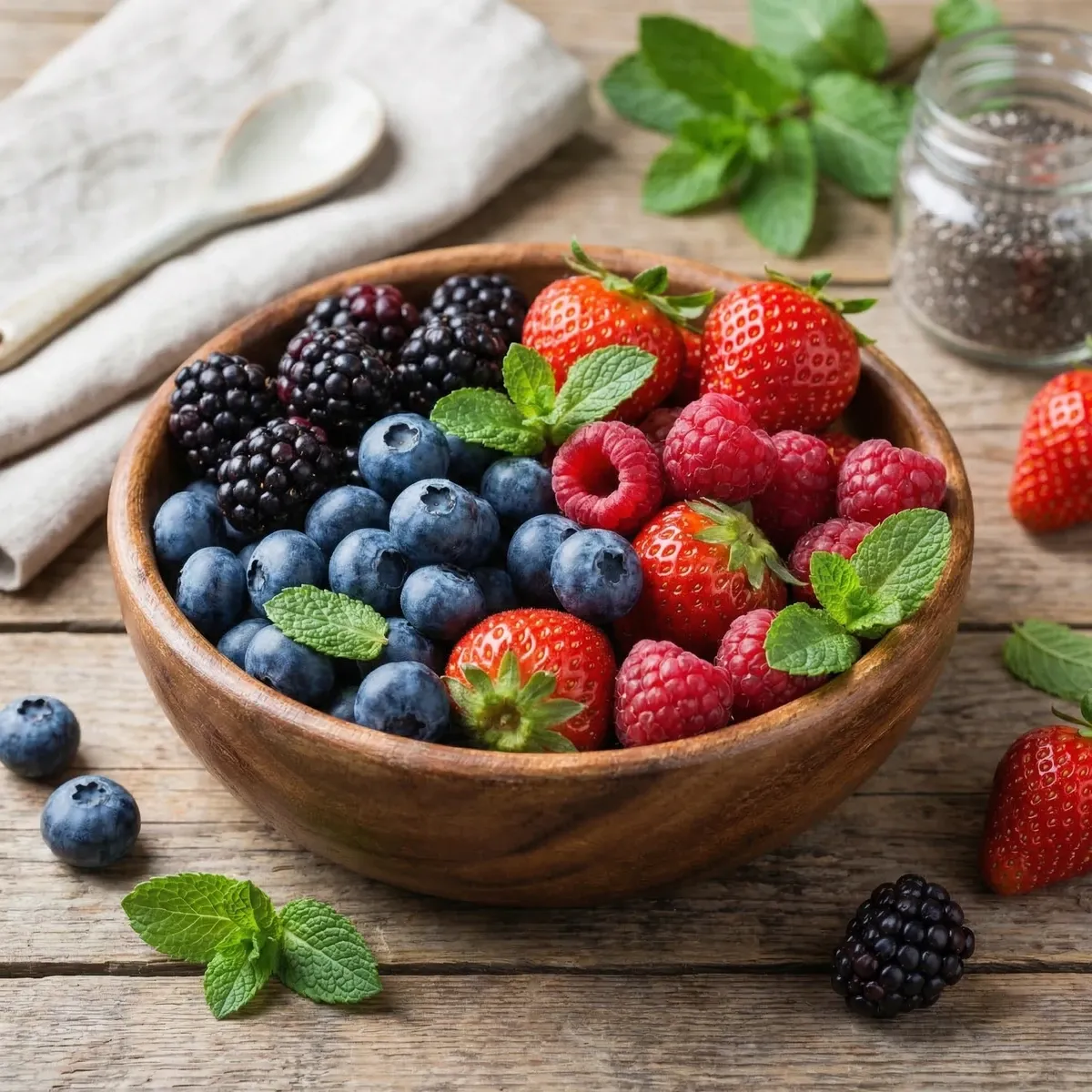 Antioxidant berry bowl with blueberries, strawberries and raspberries