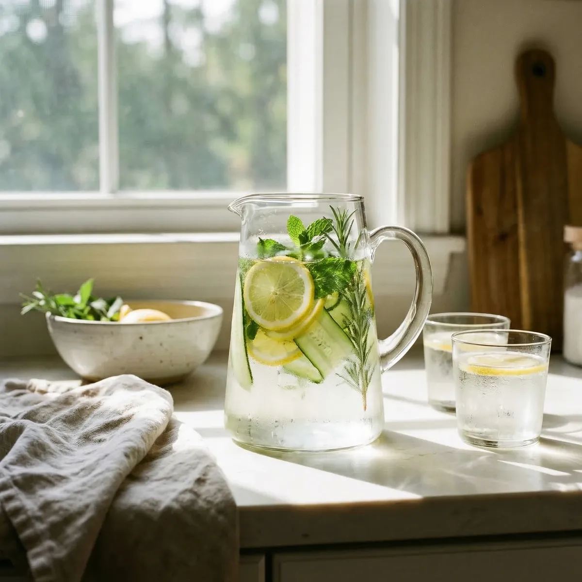 Fresh herb and lemon water infusion with cucumber and mint