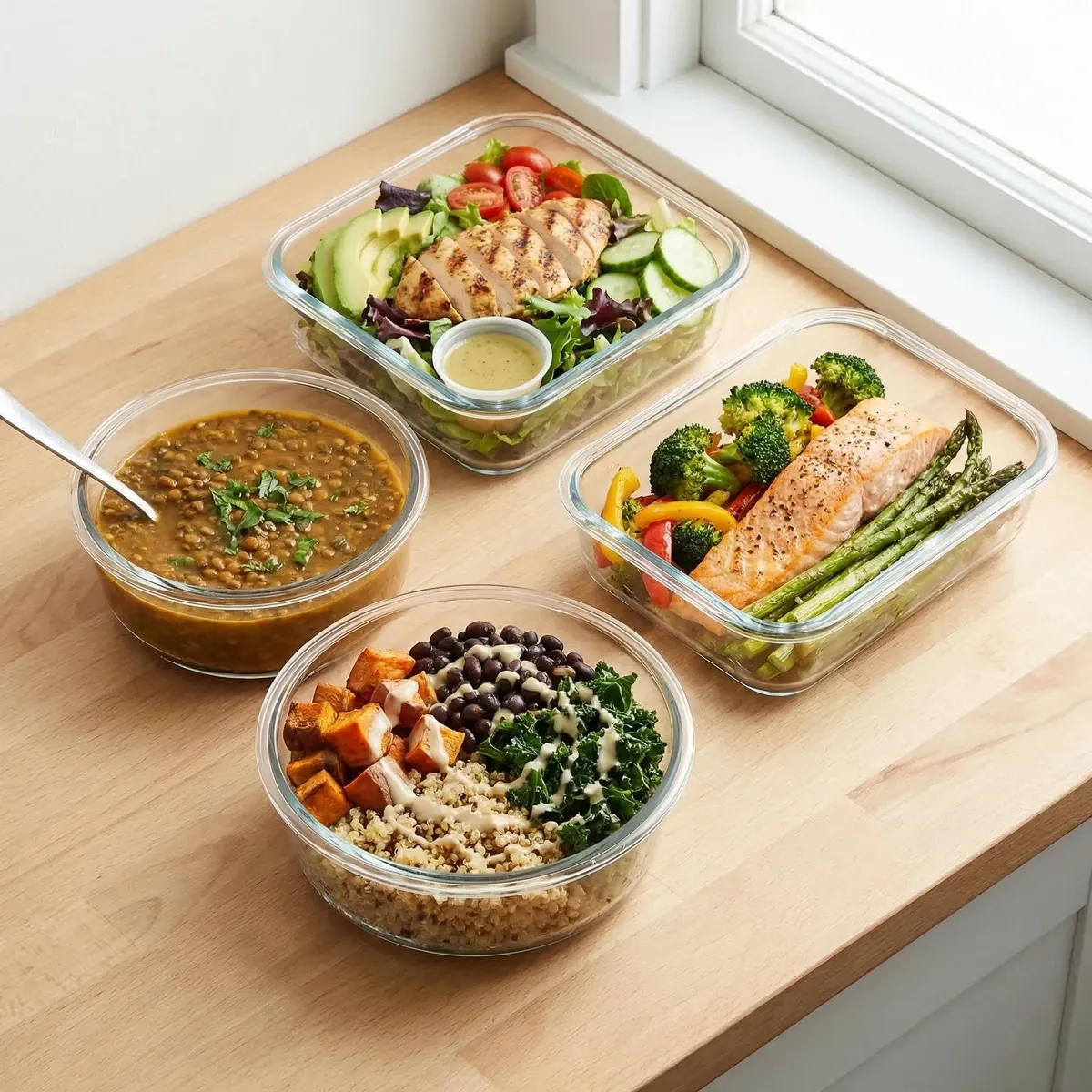 PCOS meal prep containers with balanced lunches