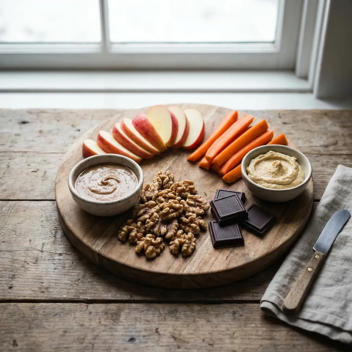 Healthy PCOS snack plate with apple, almond butter and dark chocolate