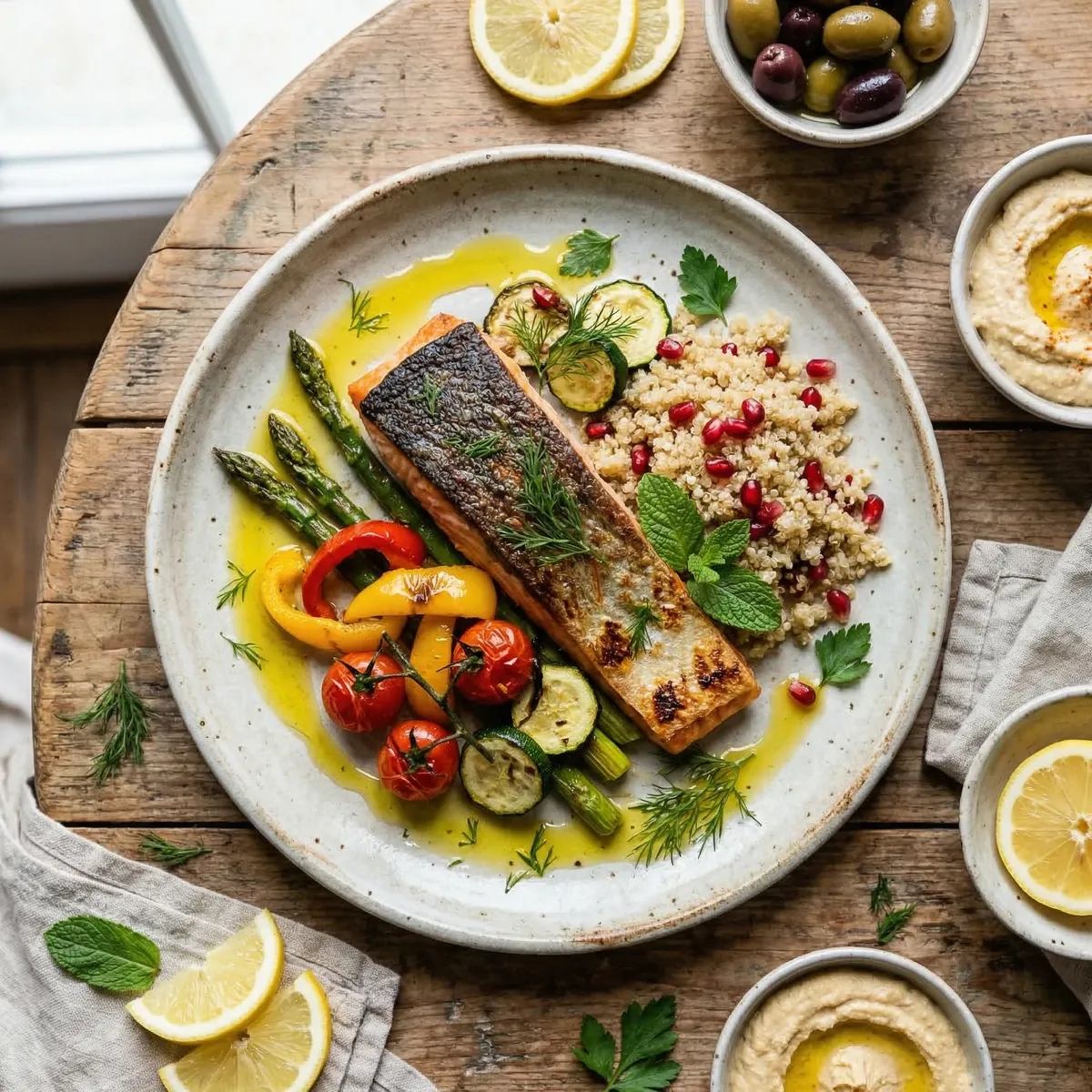 Mediterranean salmon plate with roasted vegetables and quinoa