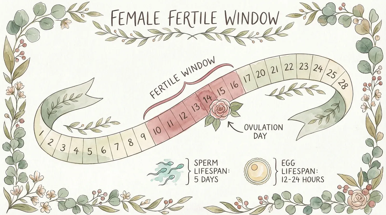 Watercolour illustration of the 6-day fertile window within a menstrual cycle, showing sperm lifespan of 5 days and egg lifespan of 12-24 hours