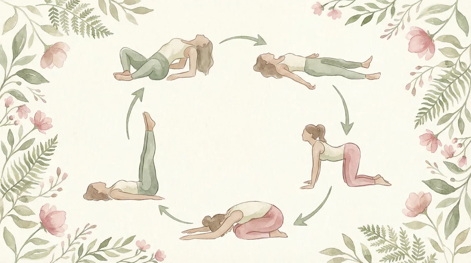 Watercolour illustration of a fertility yoga sequence showing five key poses