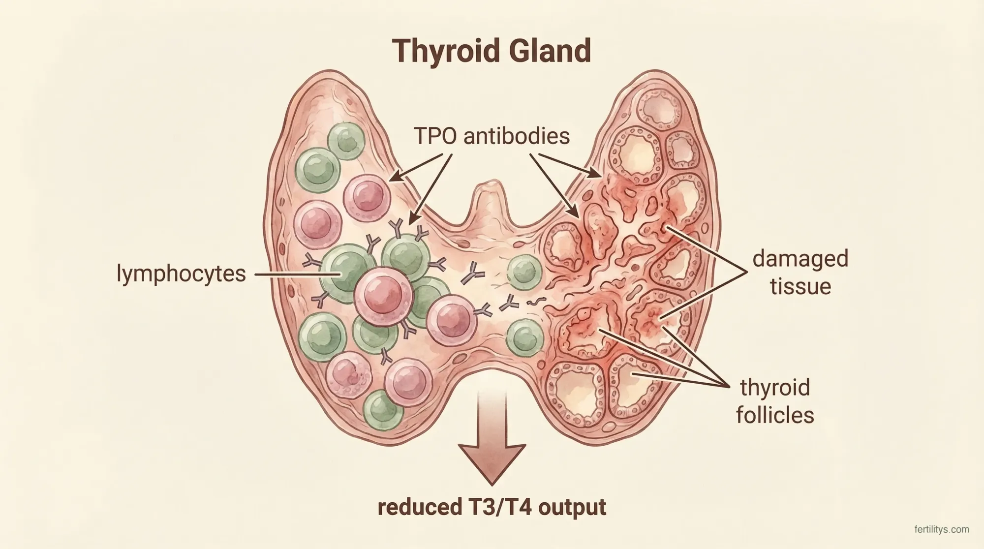 Medical illustration showing Hashimoto's thyroiditis: TPO antibodies and lymphocytes attacking thyroid follicles, causing tissue damage and reduced T3/T4 hormone output