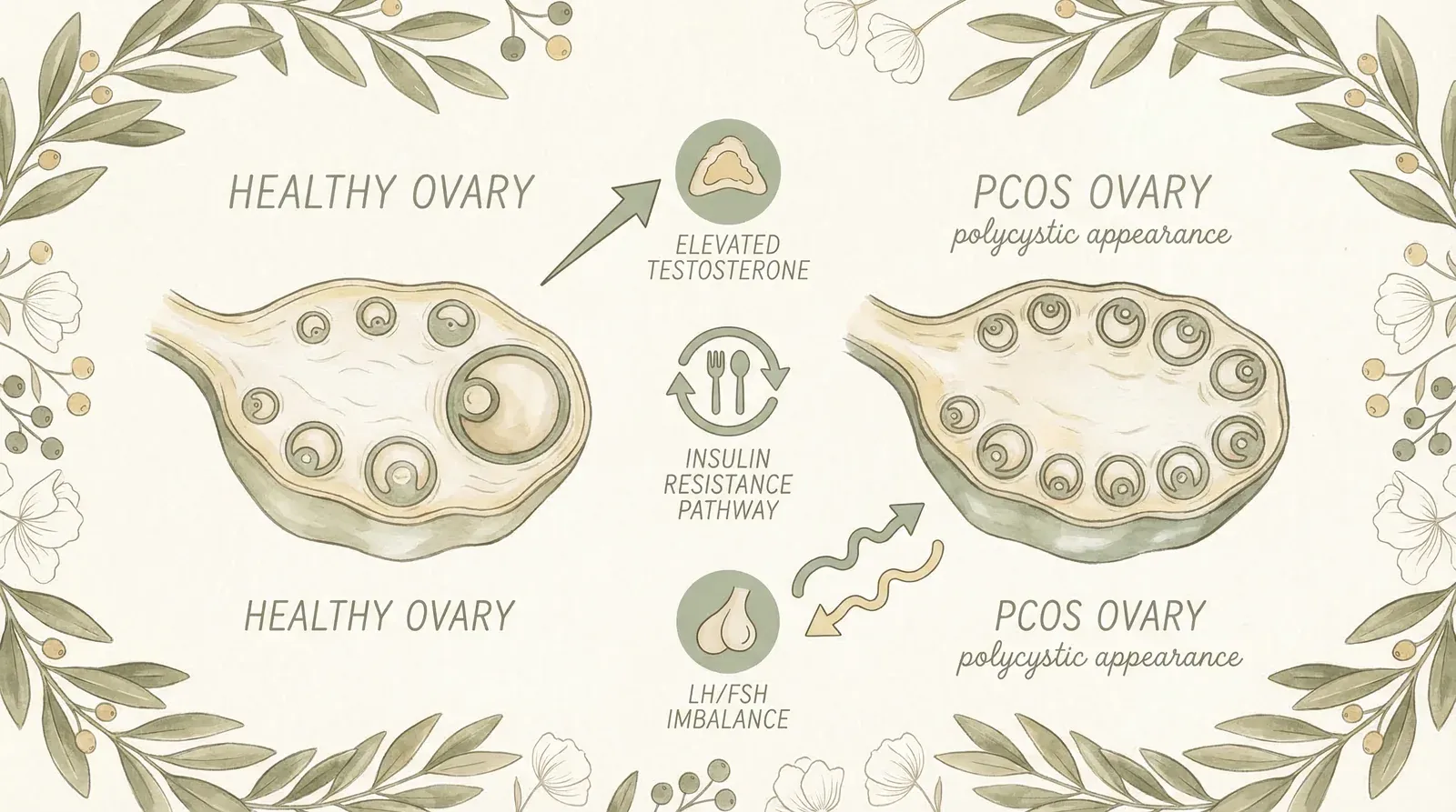 Illustration comparing a healthy ovary with a polycystic ovary, showing hormonal pathways including insulin resistance, elevated androgens, and LH/FSH imbalance