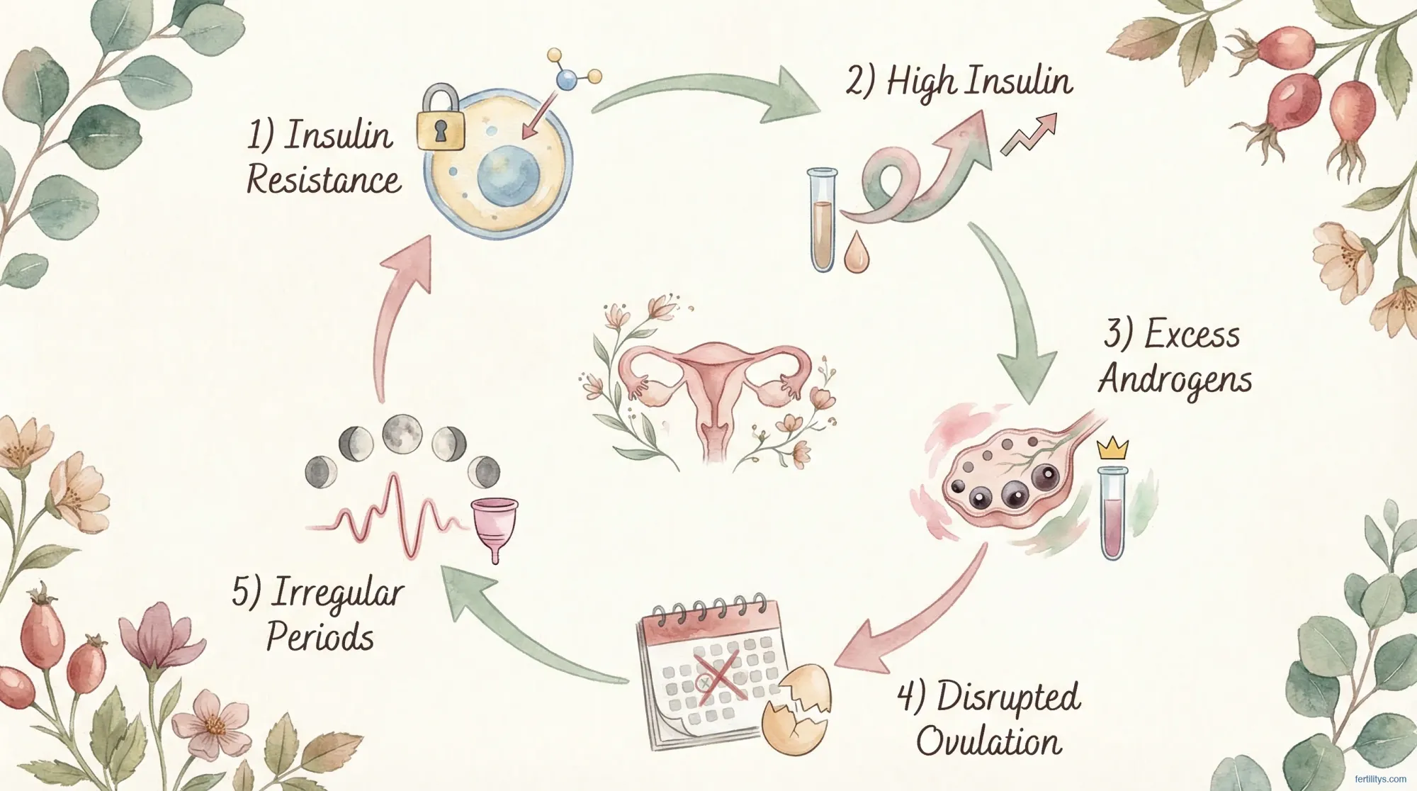 Watercolour illustration of the PCOS insulin-androgen vicious cycle showing how insulin resistance leads to high insulin, excess androgens, disrupted ovulation, and irregular periods