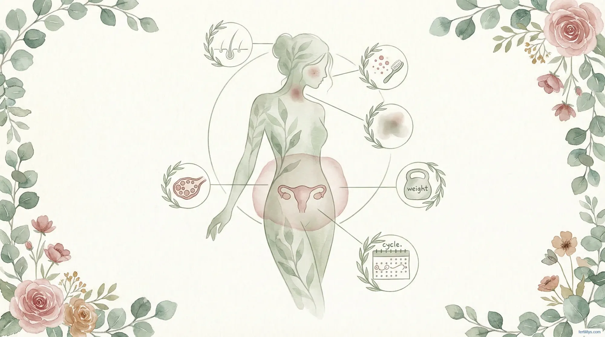 Watercolour illustration showing PCOS symptoms mapped on a female figure — hair thinning, acne, weight gain, irregular cycles, and ovarian changes