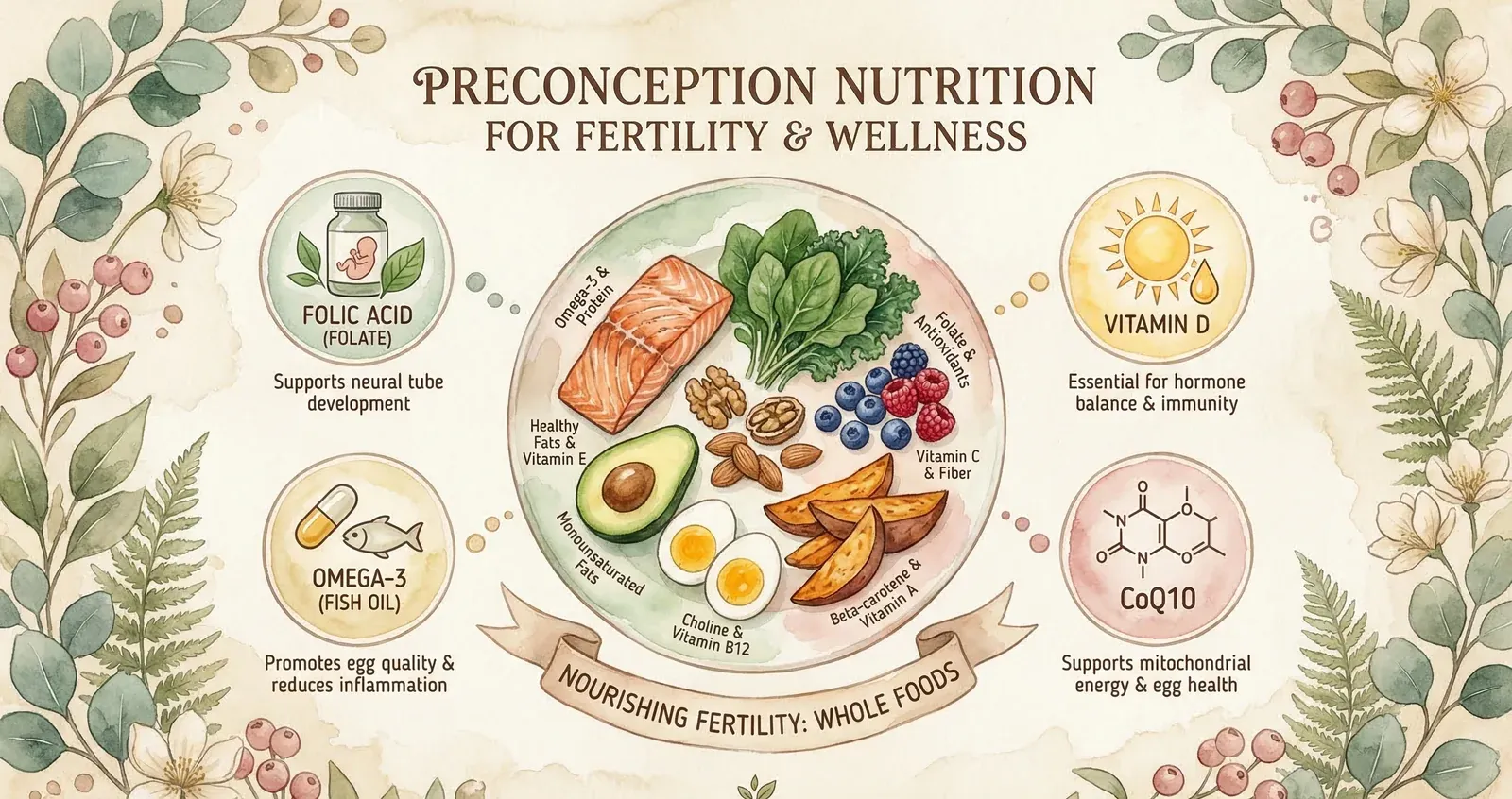Watercolour illustration of fertility-supporting foods including salmon, leafy greens, berries, nuts, avocado, and key supplements